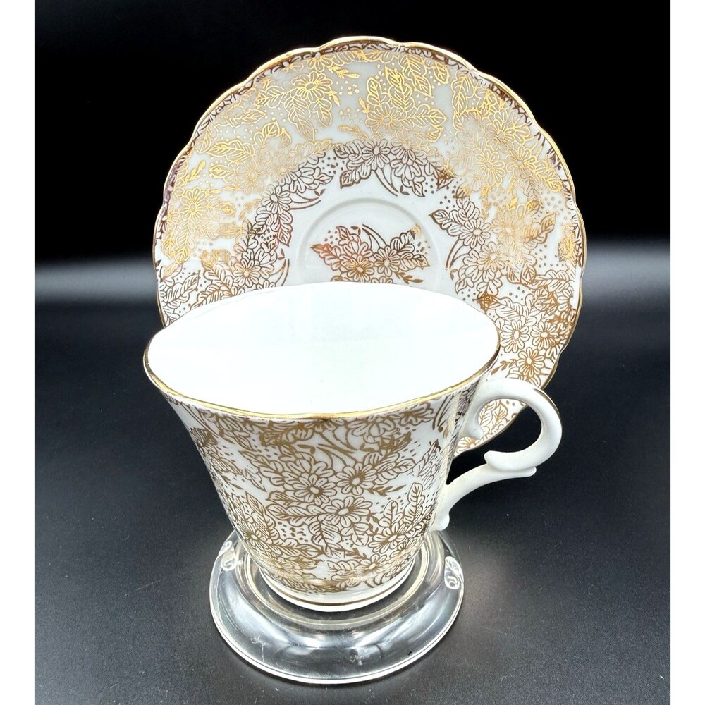Colclough Tea Cup  Saucer Set W/Stand, White Gold Chintz Bone China   VTG Rare
